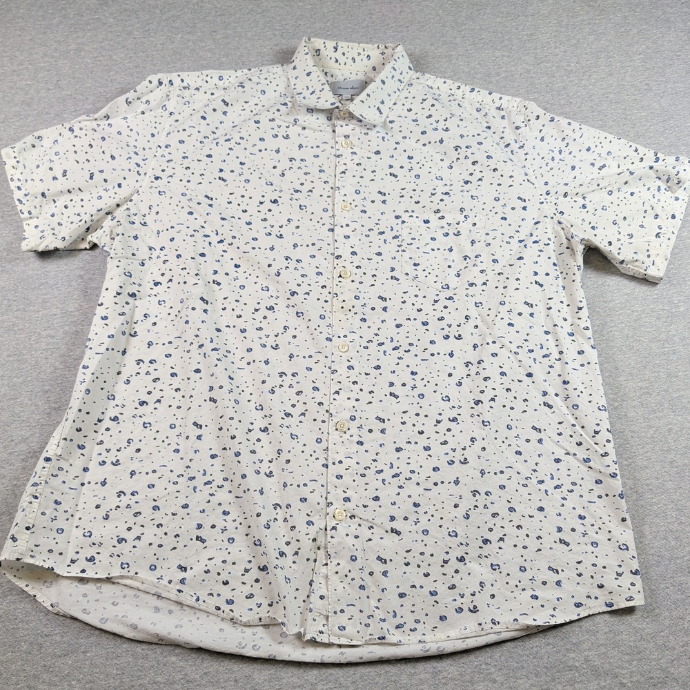 Steven Alan Mens XXL Short Sleeve Button Down Shirt White Blue Abstract USA